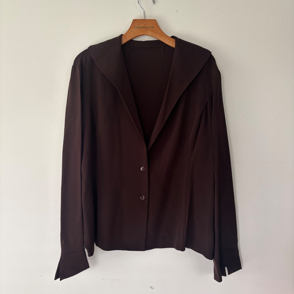 Peter Cohen Brown 100% Silk Button Front Blouse XL Chocolate Top missing button